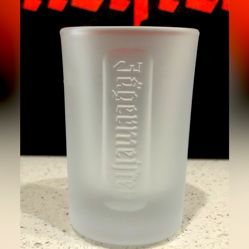 Set of 6 frosted Jäegermeister 2 oz shot glasses.